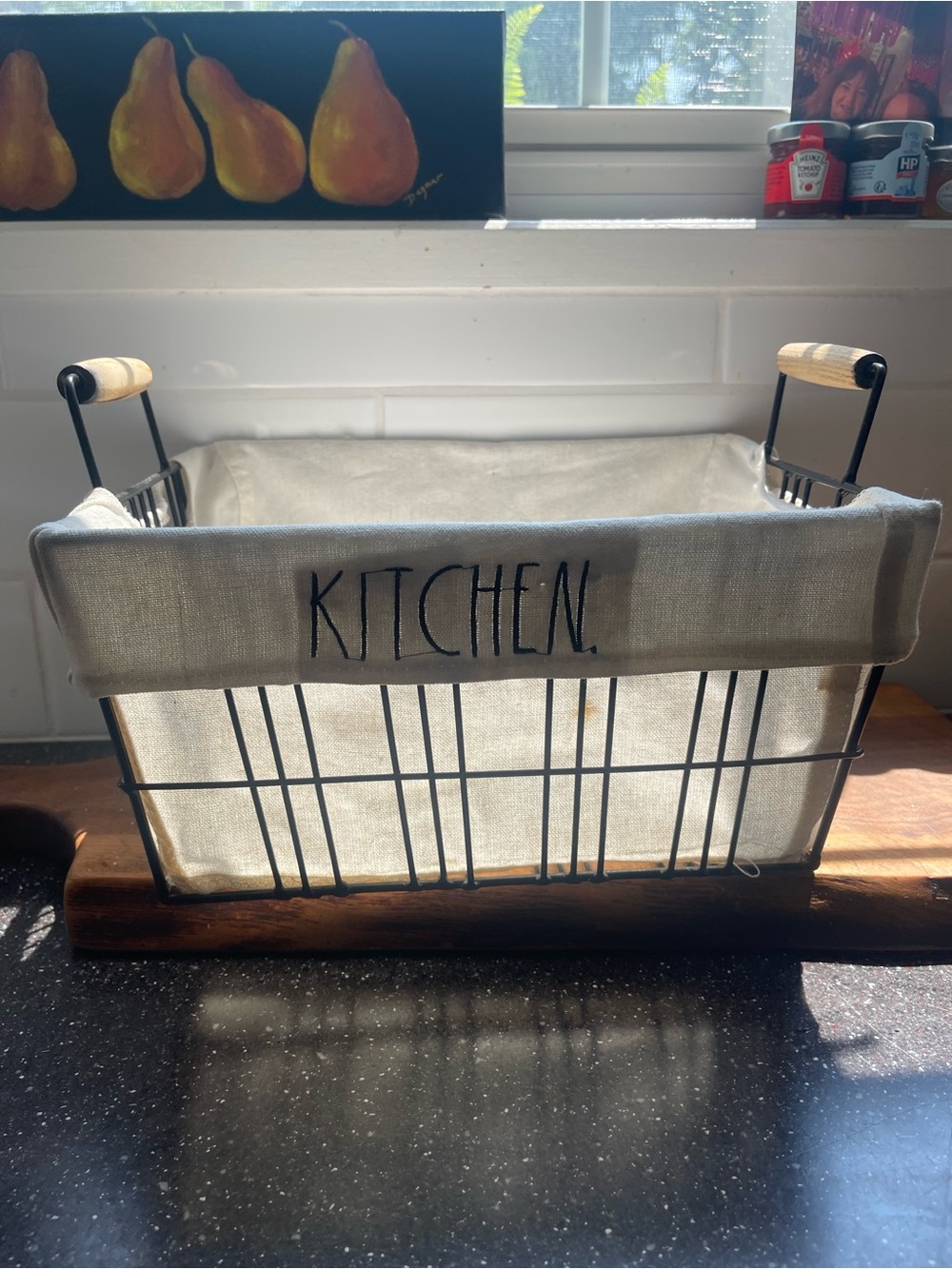 Rae Dunn KITCHEN Canvas Lined Wire Storage Basket with Wood Handles - Neutral